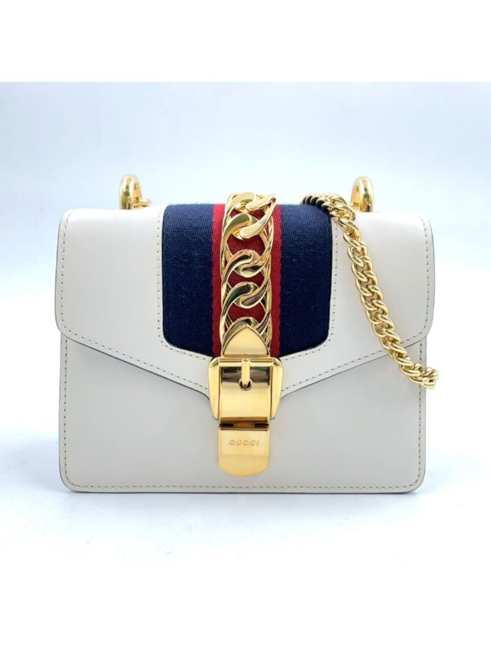 Gucci Sylvie Mini Canvas Calfskin Off White Navy Red Chain Shoulder Bag Gold